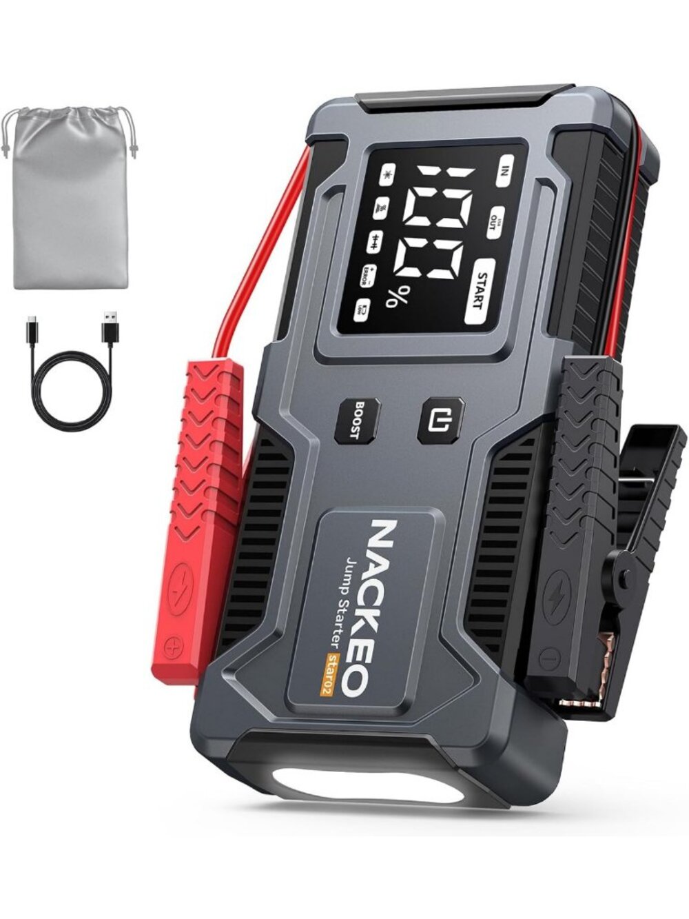 Portable 6000A Car Jump Starter with Smart Cables, LCD Display & LED Light